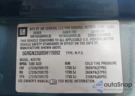 2005 Hummer H2 Suv z USA, uszkodzony, nr VIN 5GRGN23U85H119092
